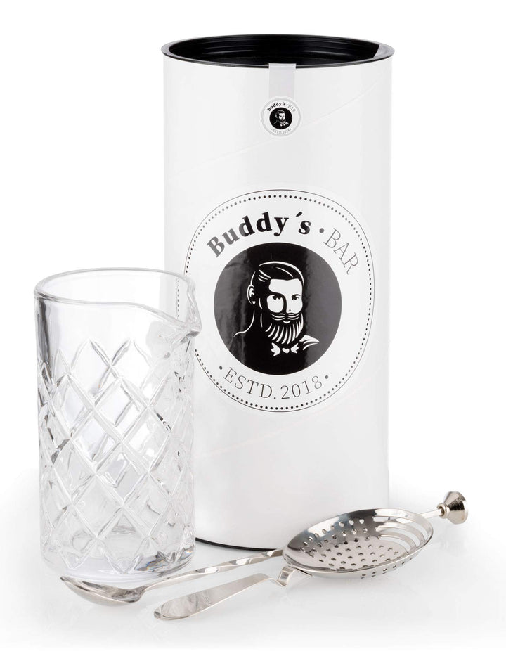 Buddy´s Bar - Rühr-Set, Rührglas 500 ml, schwere Qualität, 27 cm Barlöffel, Strainer/Barsieb, Edelst