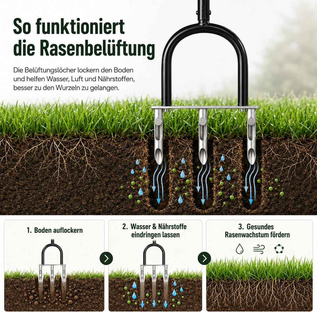 Rasenlüfter Aerifizierer für Rasen, 3-Kern Hohlspoon Handvertikutierer mit Hohlzinken, höhenverstell