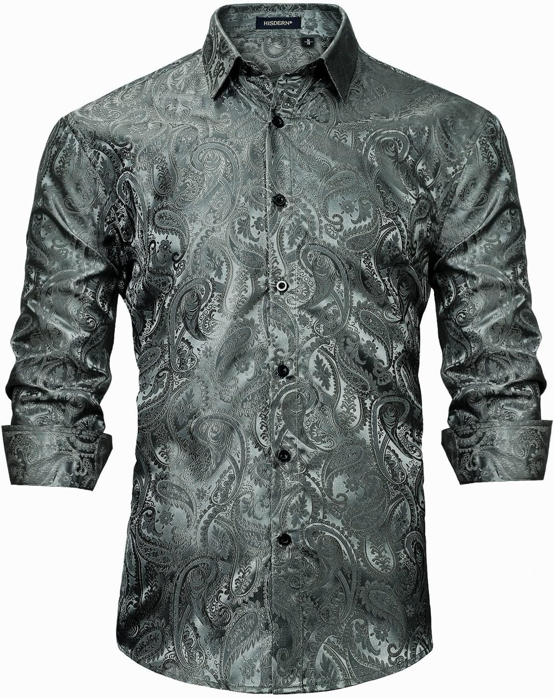 HISDERN Herren Paisley Hemd Langarm Satin Blumen Muster Hemd für Männer Jacquard Stickerei Freizeith