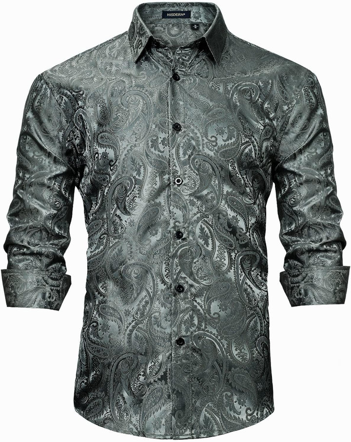 HISDERN Herren Paisley Hemd Langarm Satin Blumen Muster Hemd für Männer Jacquard Stickerei Freizeith
