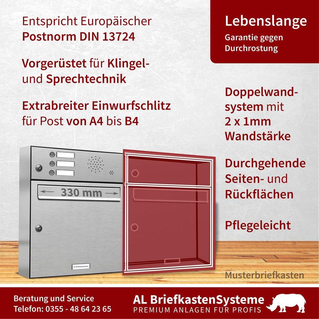 AL Briefkastensysteme 1er Briefkasten mit Klingel V2A Edelstahl, Premium Briefkasten DIN A4, 1-Fach