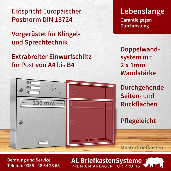 AL Briefkastensysteme 1er Briefkasten mit Klingel V2A Edelstahl, Premium Briefkasten DIN A4, 1-Fach