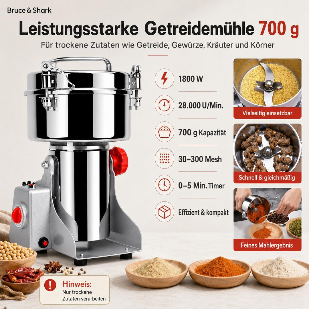 700g Hochgeschwindigkeits Elektrische Getreidemühle für kommerziellen Einsatz, 1800W, Edelstahlkonst