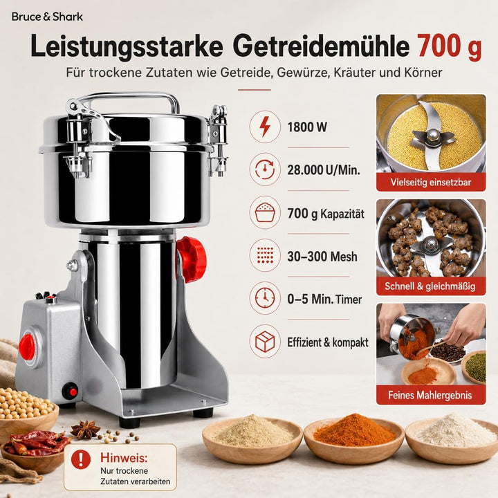 700g Hochgeschwindigkeits Elektrische Getreidemühle für kommerziellen Einsatz, 1800W, Edelstahlkonst