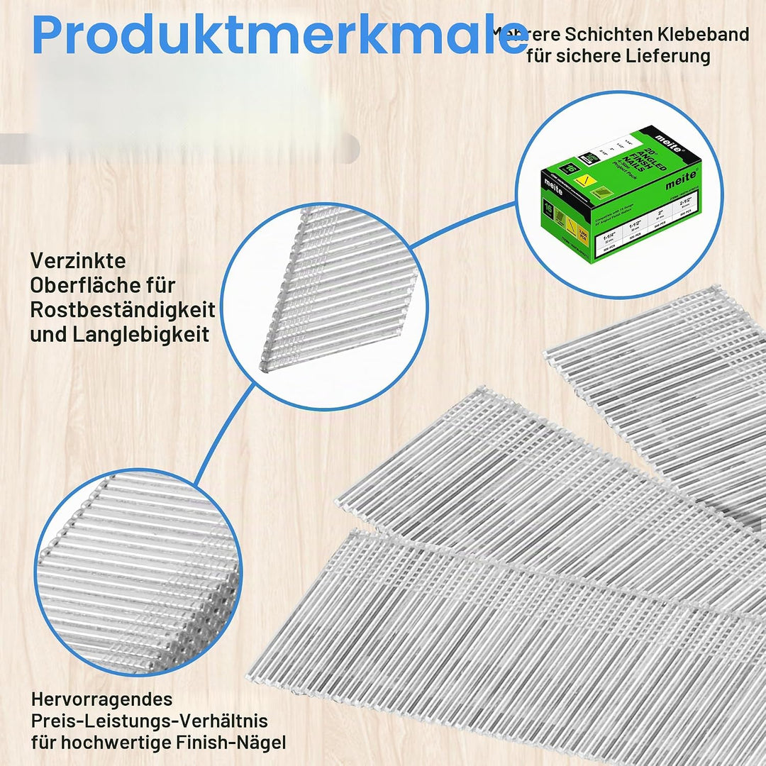meite 16 Gauge abgewinkelte Nägel, 20 Grad, 2000 Stück (5,1 cm, 5,1 cm, 3,8 cm, 3,8 cm, 500 pro Grös
