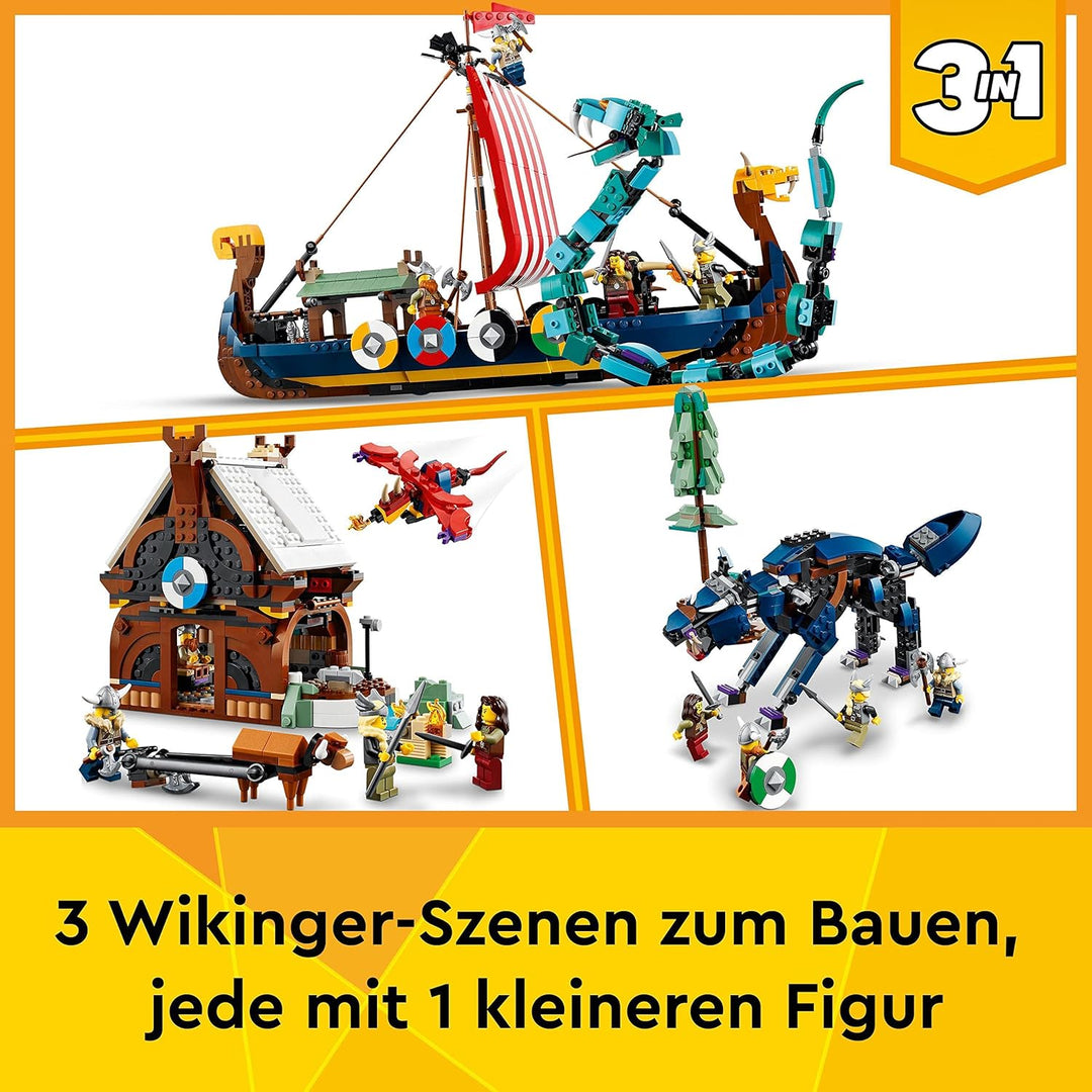 LEGO 31132 Creator 3in1 Wikingerschiff mit Midgardschlange, Set mit Schiff, Haus, Spielzeug-Wolf und