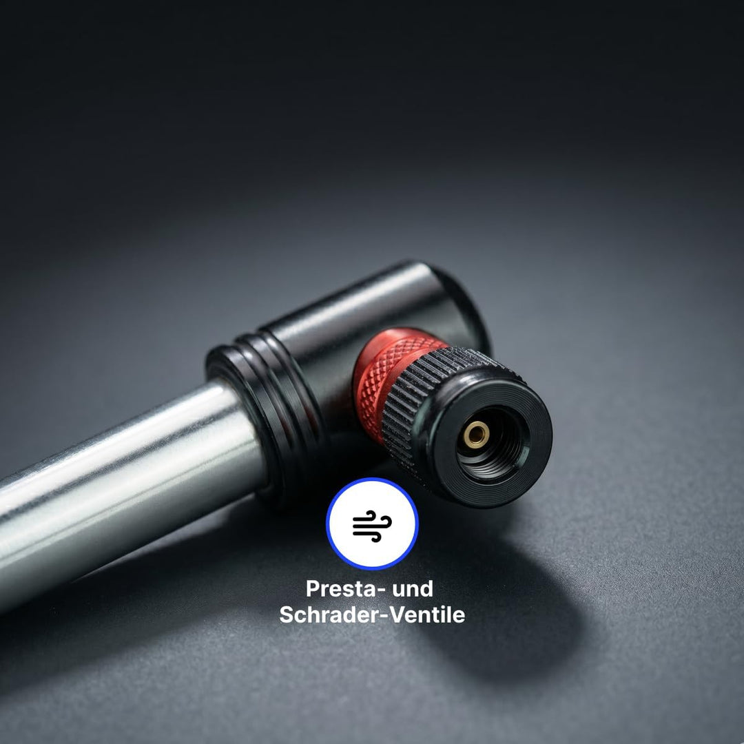 Alpensattel Fahrrad Mini-Pumpe mit Rahmenhalterung, 6063 Aluminium, 60 g, 130 mm, bis 11 bar / 160 p