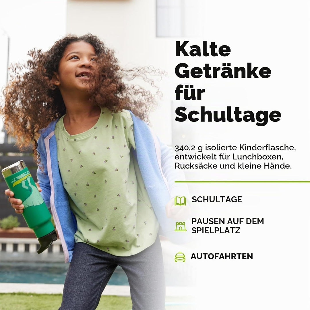 KLEAN KANTEEN Isolierte Kinderflasche, 355ml, mit Flip Sport Cap und Edelstahl-Trinkhalm, Grün/Dino