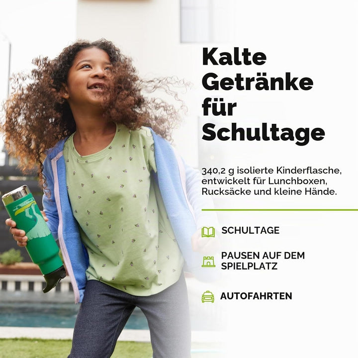 KLEAN KANTEEN Isolierte Kinderflasche, 355ml, mit Flip Sport Cap und Edelstahl-Trinkhalm, Grün/Dino
