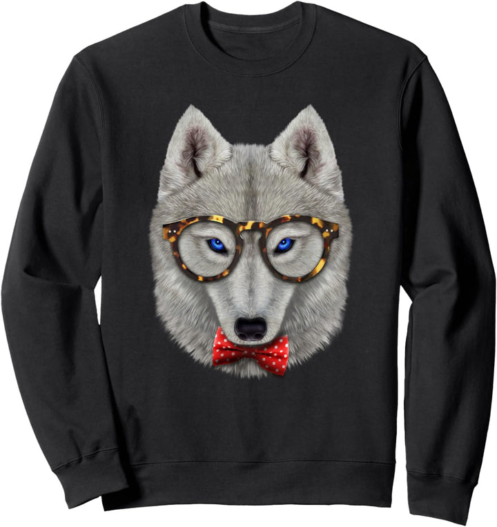 Polares Wolf, die klassische Brille und Fliege trägt Sweatshirt