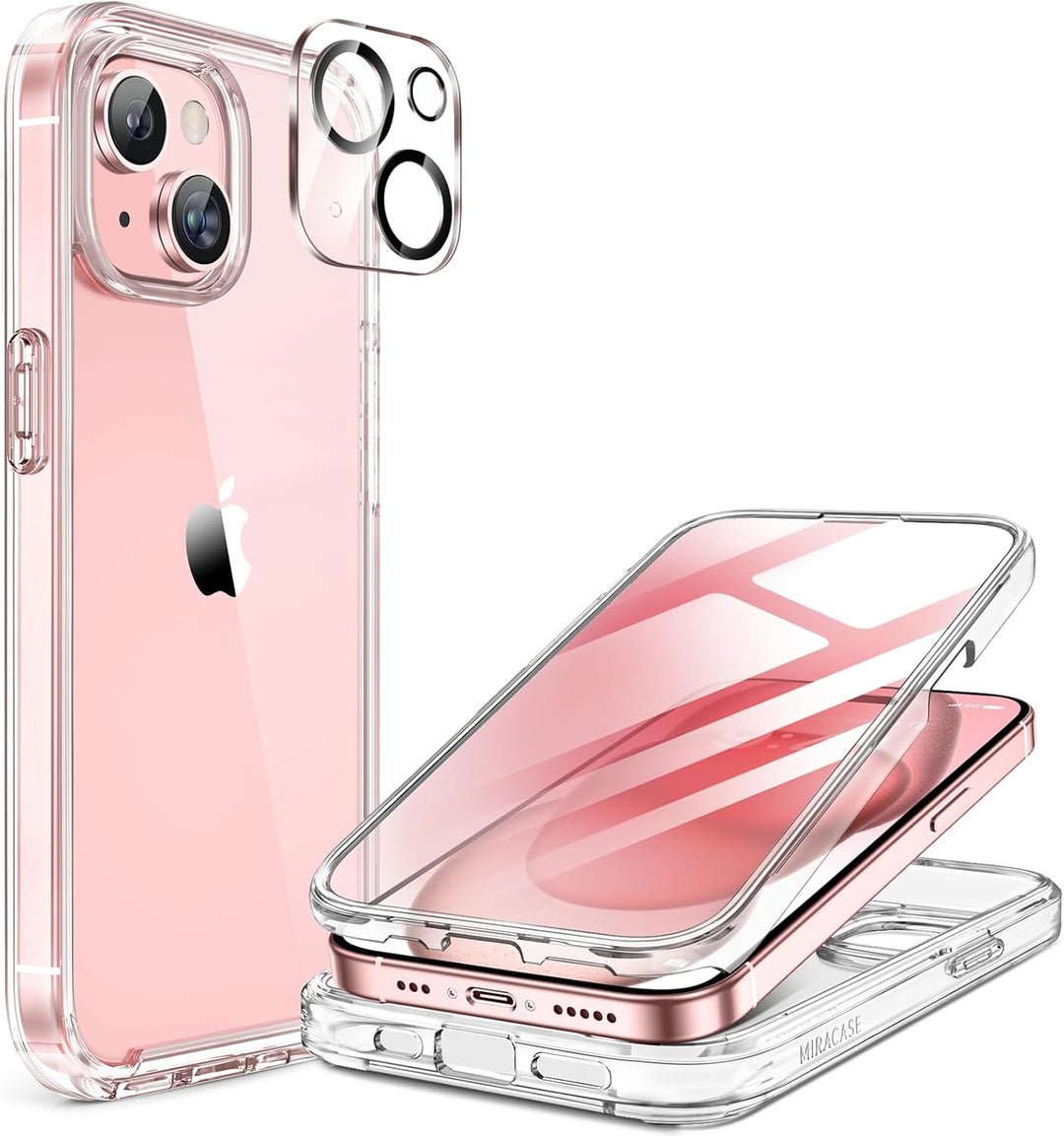 Miracase 360 Grad für iPhone 15 Hülle mit Eingebaut Glas Schutzfolie und Kameraschutz, Stossfest Kom