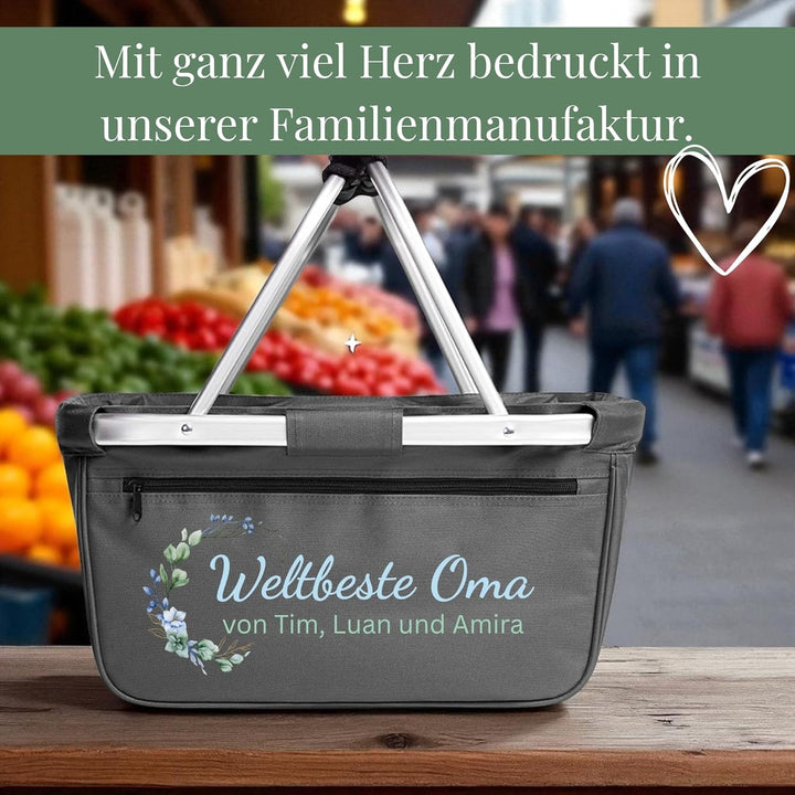 Einkaufskorb personalisiert mit Wunschtext – Geschenk für Oma mit Blumenmotiv – personalisiertes Ges