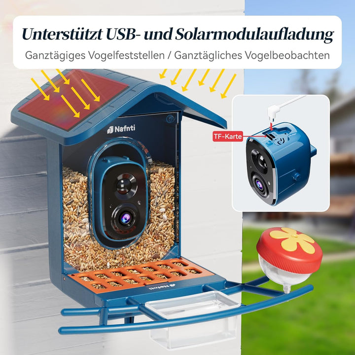 Vogelhaus mit Kamera, AI Identifizieren von Vögeln, 2,4 GHz/5 GHz, solarbetrieben, Eichhörnchensiche
