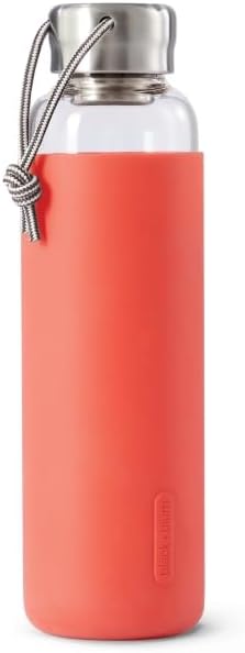 Black+Blum Wasserflasche Glas | Koralle | 600 ml | Edelstahldeckel mit Trageschlaufe | Silikonschutz