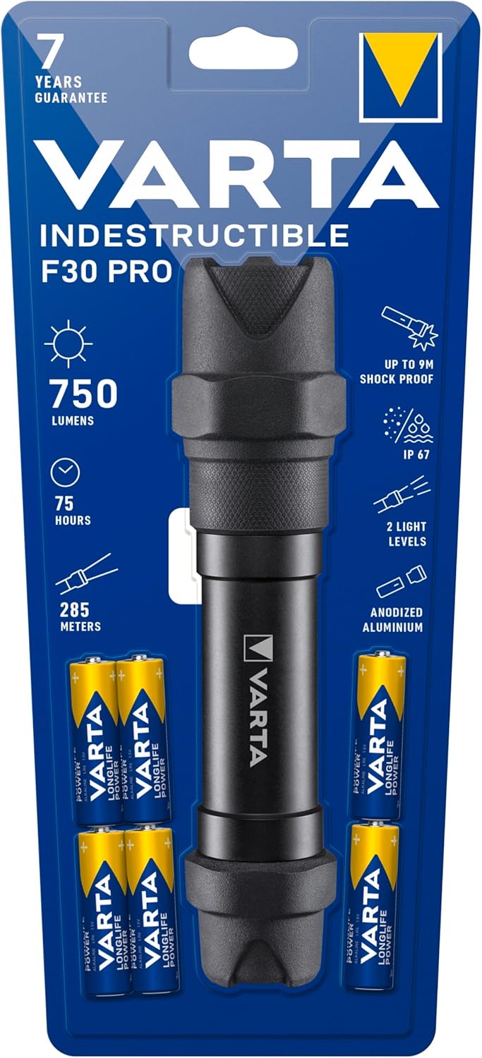 VARTA Taschenlampe LED 6 Watt inkl. 6x AA Batterien, Indestructible F30 Pro Leuchte, Lampe, Arbeitsl