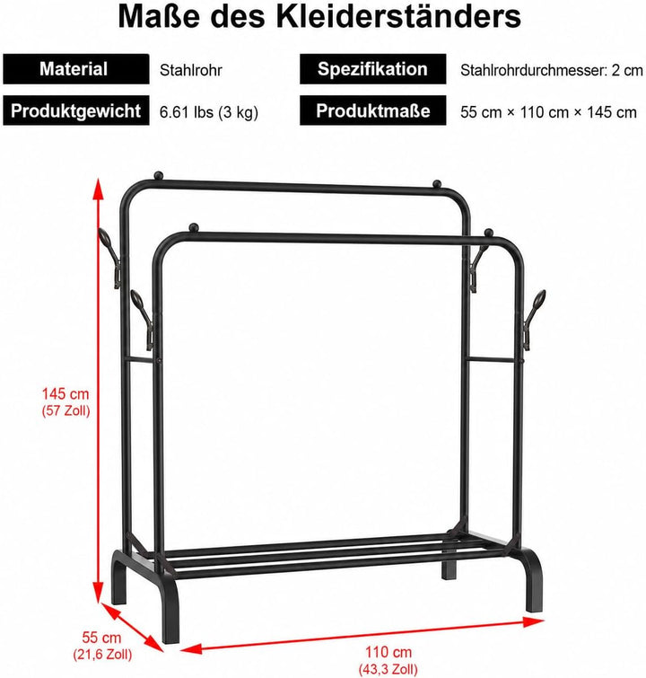 kleiderständer, Doppel-Kleiderstange, Stabiler Metall-Kleiderständer für Kleider, Pullover und Mänte
