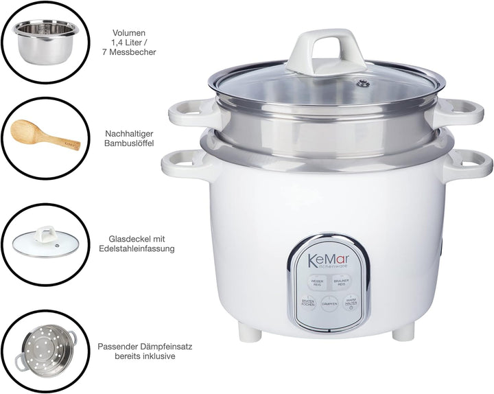 KeMar Kitchenware KRC-175 Reiskocher | 5 Programme | 1,4L | 500W | Edelstahltopf | Glasdeckel |
