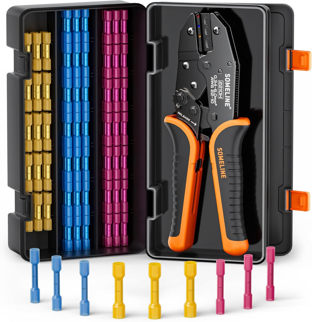 Crimpzange Stossverbinder Set,Stossverbinder zange 0,34-6 mm²,100 stück Stossverbinder mit Schrumpfs