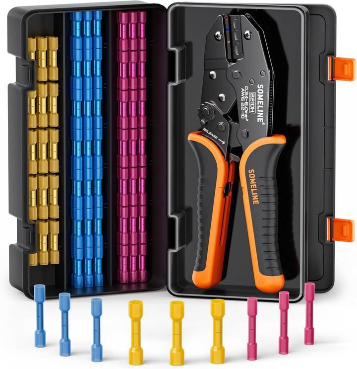 Crimpzange Stossverbinder Set,Stossverbinder zange 0,34-6 mm²,100 stück Stossverbinder mit Schrumpfs