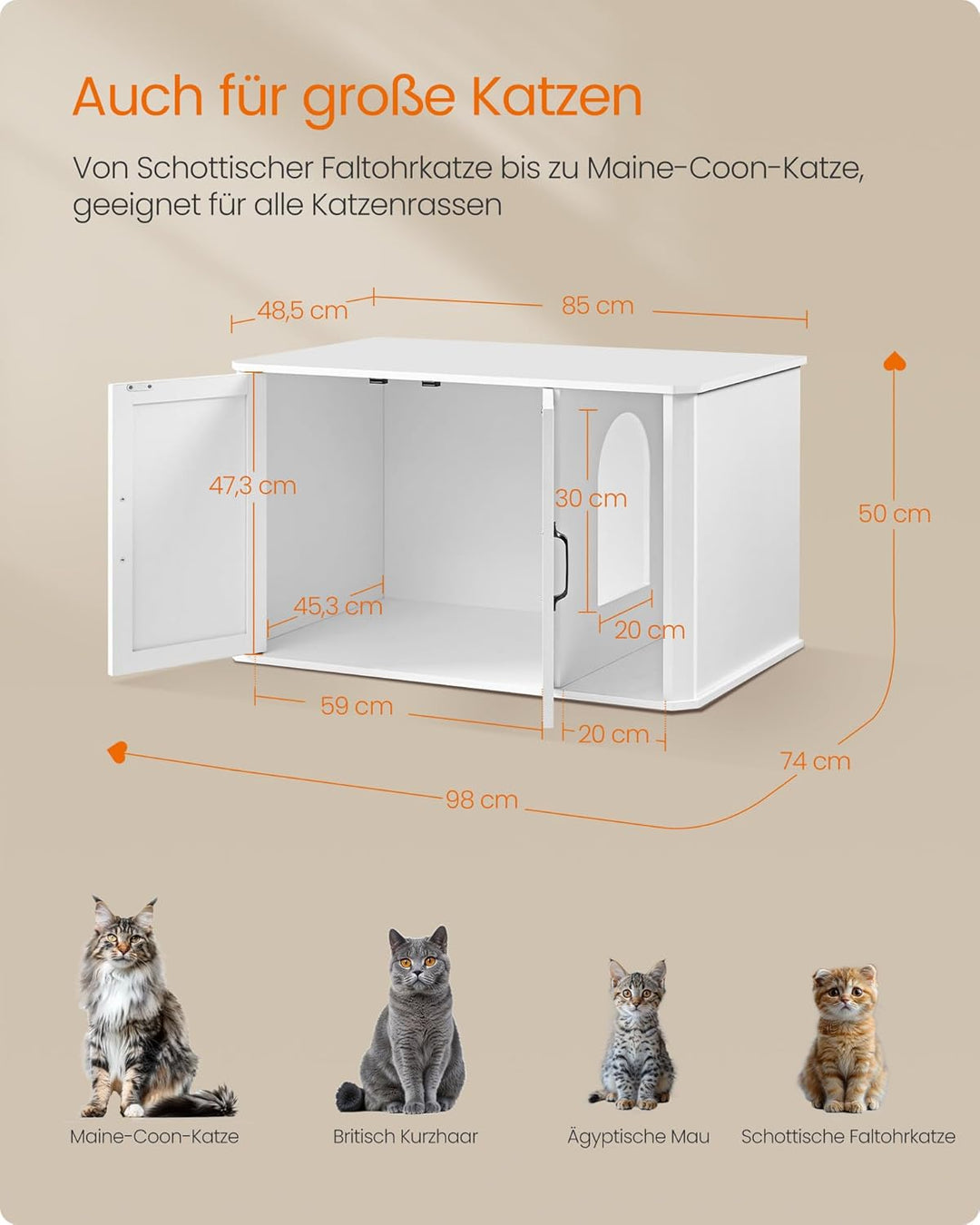 Feandrea Katzenhaus, Katzenklo-Schrank modern, Vordereingang, mit Doppeltür und Griffen, als Sideboa