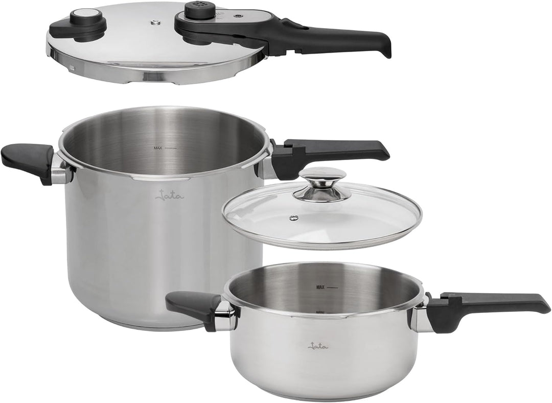 JATA Home HOLL2547 Express-Schnellkochtopf, 4 l + 7 l, Edelstahl, SUS304, Induktion, 2 Druckstufen,