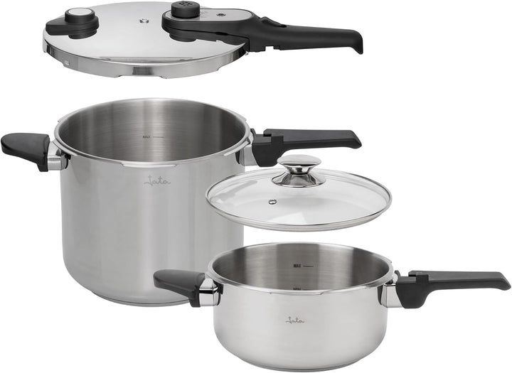 JATA Home HOLL2547 Express-Schnellkochtopf, 4 l + 7 l, Edelstahl, SUS304, Induktion, 2 Druckstufen,