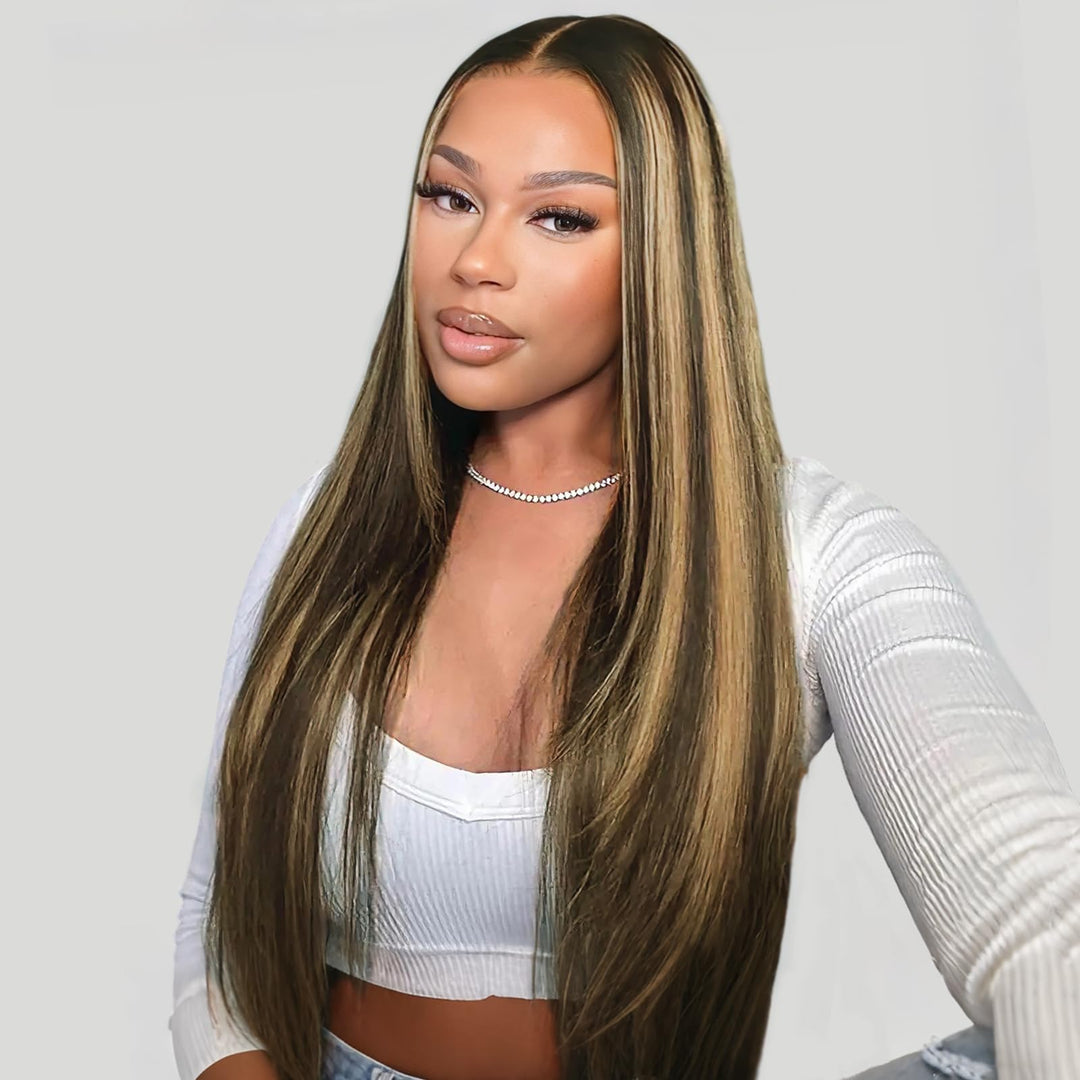 Tunfine Highlight Ombre Human Hair Straight Wig for Women 13x4 Lace Front Wig with Pre-Plucked Hairl