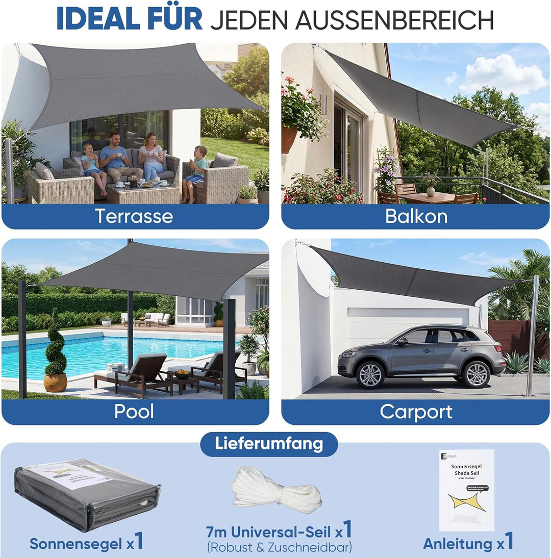 Sunula Sonnensegel Wasserdicht 3x5m Rechteckig – hochdichtes PES 160g/m², mit umlaufendem Gurtband &