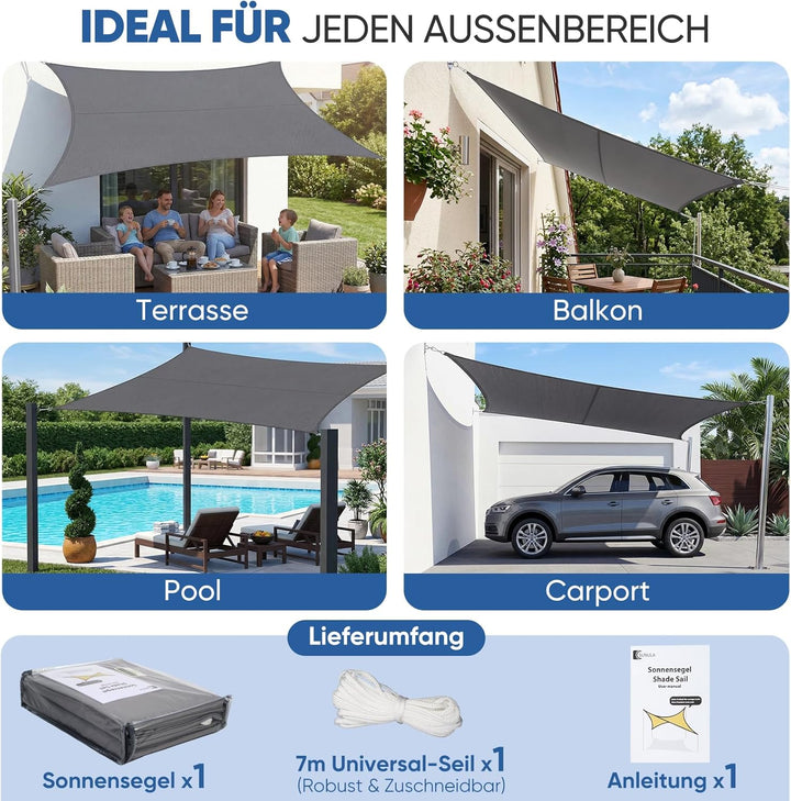 Sunula Sonnensegel Wasserdicht 3x5m Rechteckig – hochdichtes PES 160g/m², mit umlaufendem Gurtband &