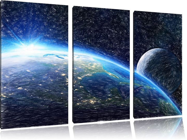 Pixxprint Die Erde und Ihr Mond aus dem All Bunstift Effekt 3-Teiler Leinwandbild 120x80 Bild auf Le