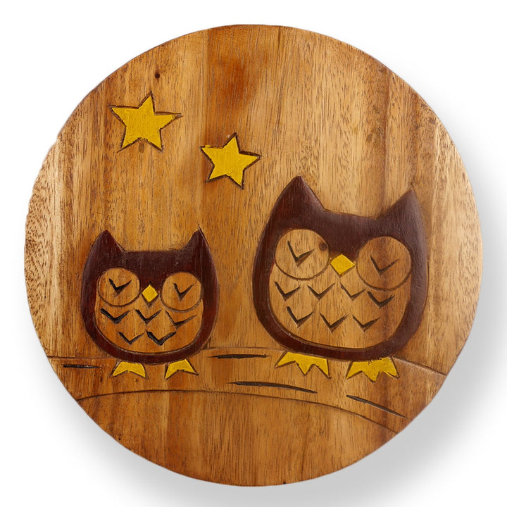 ART-CRAFT Vielseitiger Kinderhocker Holzhocker rund aus Massivholz Tiermotiv Eule Paar mit vielen Ei