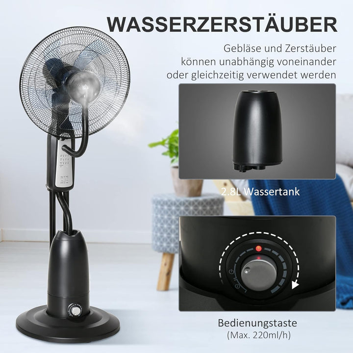HOMCOM Standventilator mit 2,8 Liter Wasserkühlung, 90 W Ventilator mit Timer-Funktion Lüfter mit 3