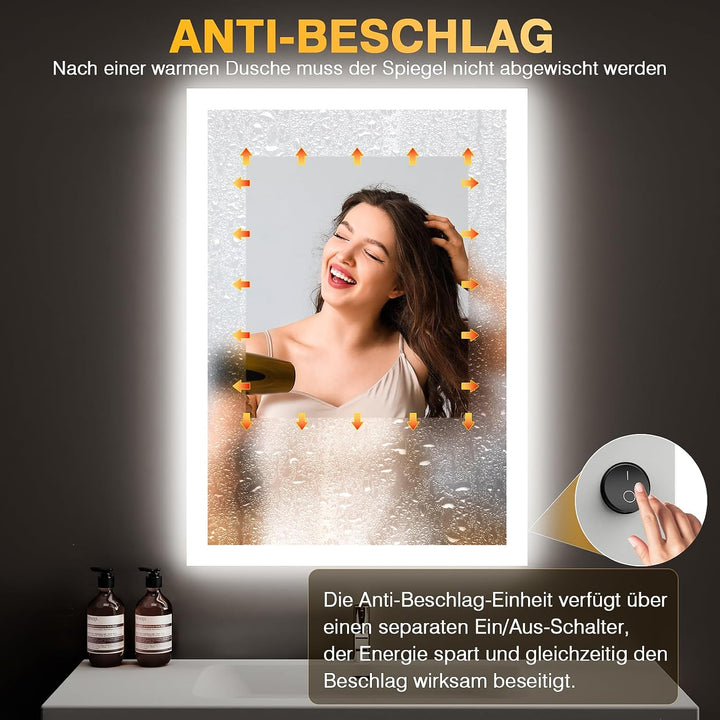 Badezimmer Spiegel mit Beleuchtung, 45 x 60cm LED Bad Spiegel mit Licht, Antibeschlag, Badezimmerspi