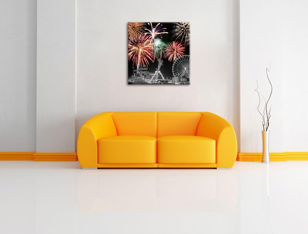 Pixxprint Silvester Feuerwerk schwarz/weiss, Format: 70x70 auf Leinwand, 70x70