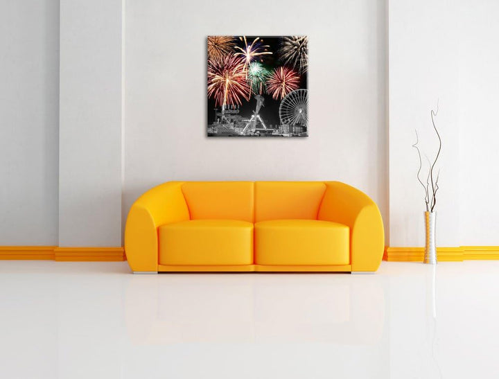 Pixxprint Silvester Feuerwerk schwarz/weiss, Format: 70x70 auf Leinwand, 70x70