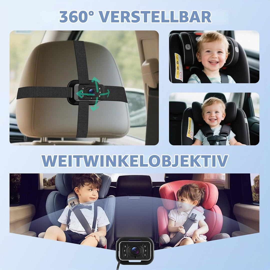 Hodozzy Dual Baby Autokamera für 2 Kinder - 6,86 Zoll IPS Split-Screen HD Display, Nachtsicht, 360°