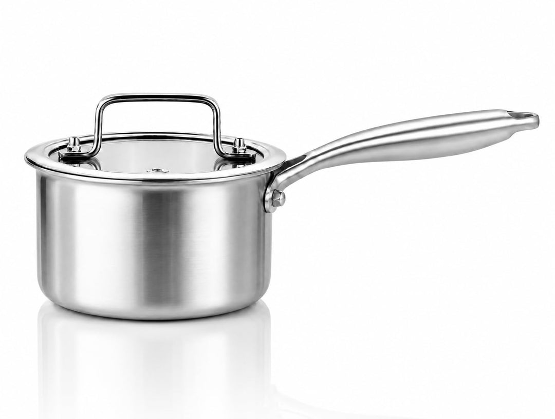 DELARLO Stielkasserolle 14 cm, 1 L Kochtopf mit Glasdeckel | Durchgehend 3-lagige Konstruktion, Glei