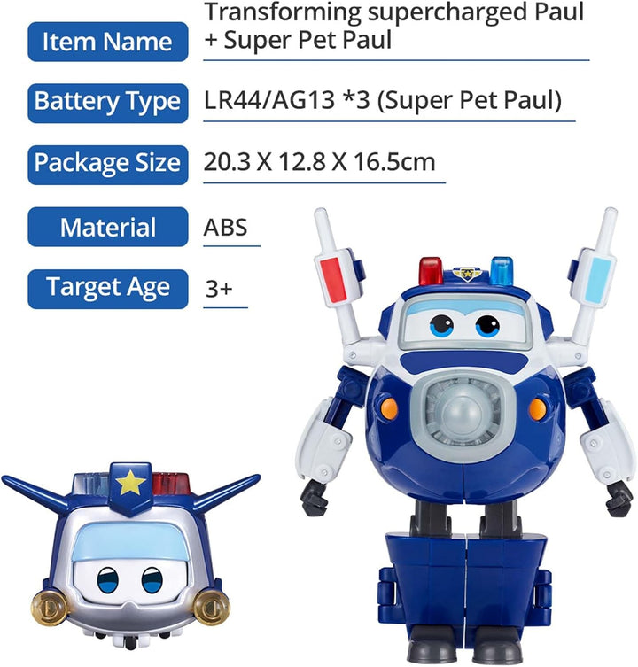 Super Wings Verwandlungsspielzeug Paul & super pet Paul, 2 in 1 Action Figur, 12,7 cm grosses Flugze