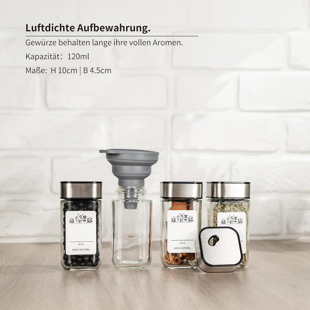 12 Gewürzgläser Eckig,120ML Gewürzdosen Set mit Streueinsatz,Gewürzstreuer mit Drehdeckel-Starke Ver
