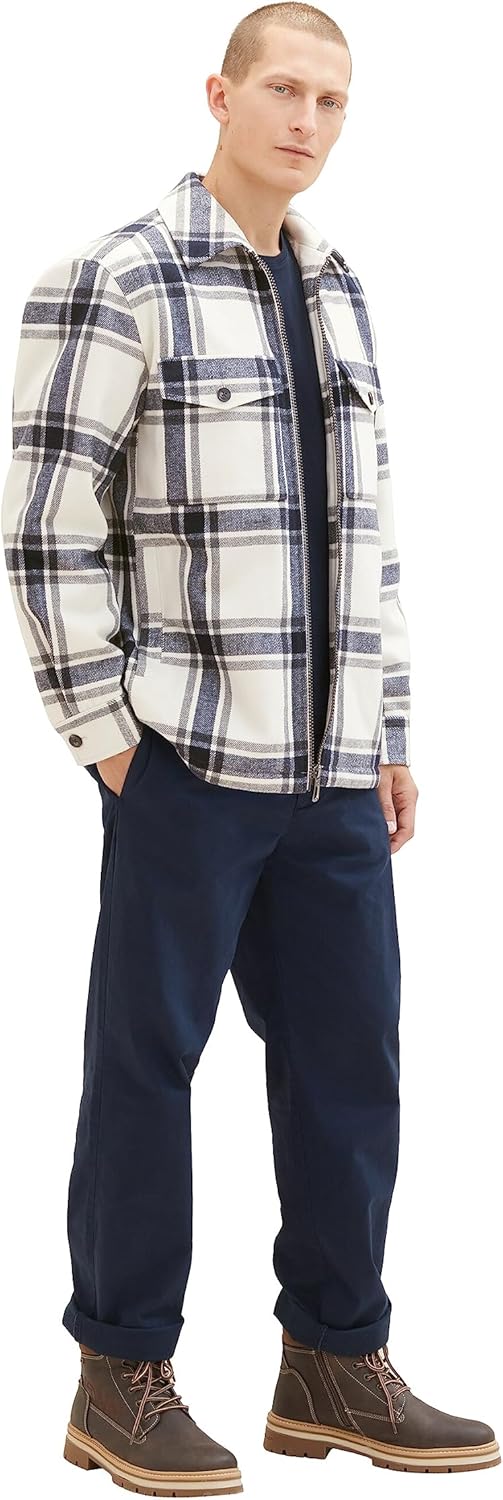 TOM TAILOR Herren Flanell Karo-Jacke mit Teddyfell im Innenfutter M 32517-beige Wool Check, M 32517-