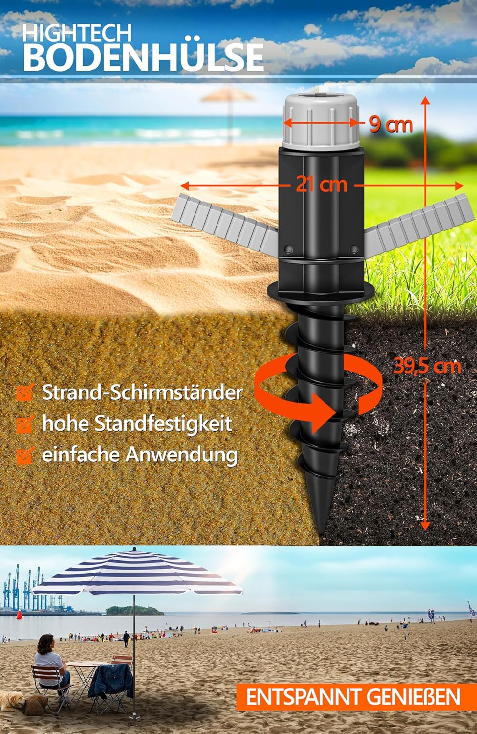 4smile Sonnenschirm Strand SunnyJoy Ø 180 cm, 3er Set - Strandschirm mit UV Schutz 50+, inkl. Sonnen