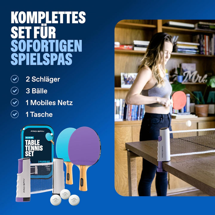 PRO-SPIN Tischtennisschläger Set - Mit Tischtennisnetz Für Jeden Tisch, Tischtennis bälle 3-Sterne,