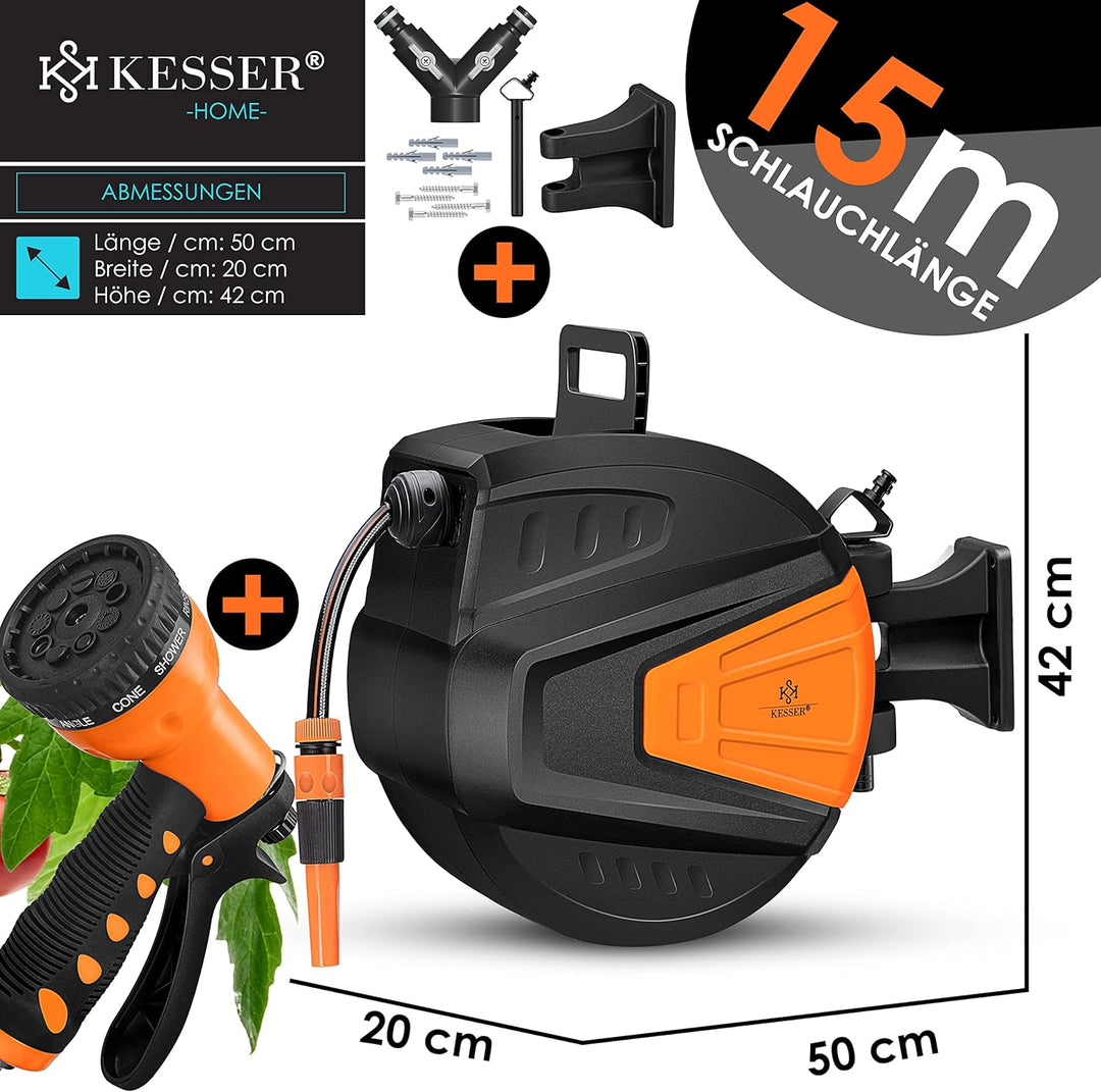KESSER® Schlauchtrommel Wasser 15+2m Schlauchaufroller Inkl. 2-Wege-Verteiler + Multi-Handbrause Was
