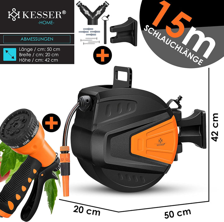 KESSER® Schlauchtrommel Wasser 15+2m Schlauchaufroller Inkl. 2-Wege-Verteiler + Multi-Handbrause Was