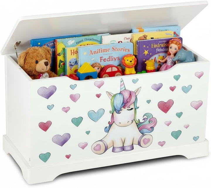 Leomark Hölzern Kindertruhenbank - UNICORN - Kinderbank, Behälter für Spielzeug, Truhe für Kinderzim