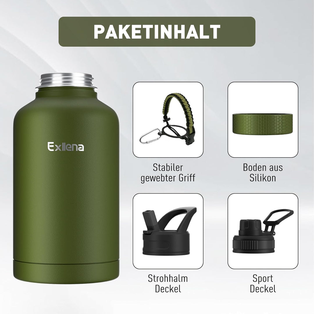 Exllena 2 Liter Edelstahl Wasserflasche, doppelt isolierte Wasserflaschen mit zwei Deckeln und schüt