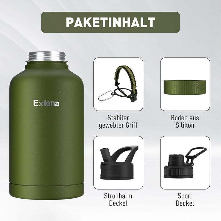 Exllena 2 Liter Edelstahl Wasserflasche, doppelt isolierte Wasserflaschen mit zwei Deckeln und schüt