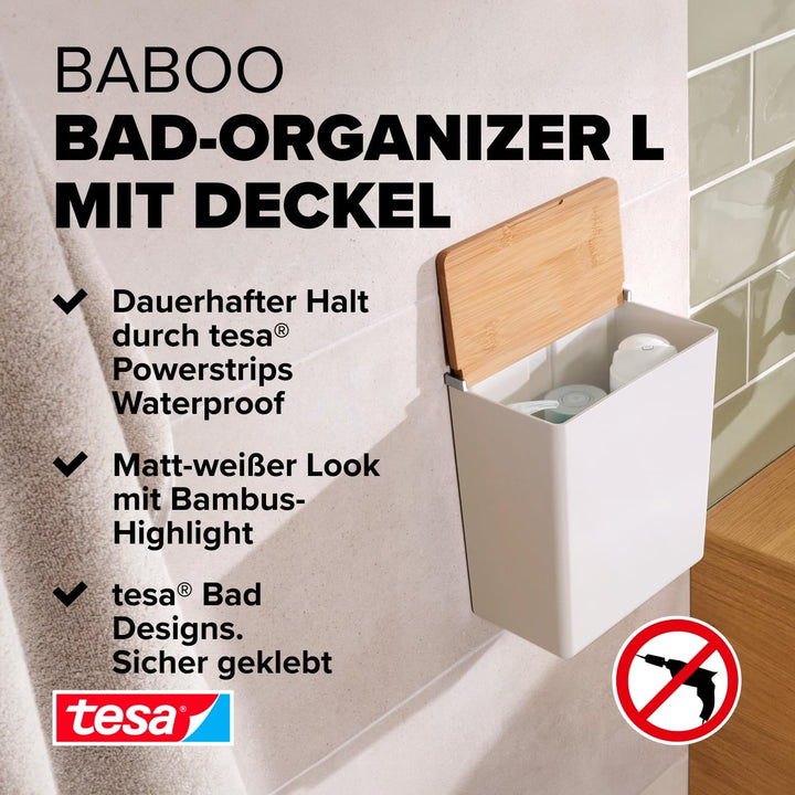tesa Baboo L Badorganizer mit Bambus-Deckel, matt-weiss - Bad-Aufbewahrungsbox zur Wandmontage ohne