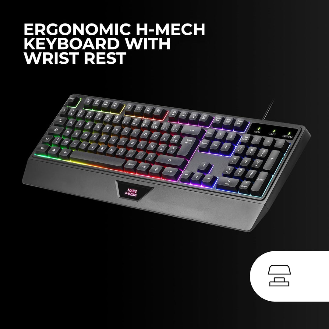 MARSGAMING MCP124, 3in1 Gaming Combo, Ergonomische H-Mech LED RGB Tastatur, RGB Maus 3200DPI HUANO S