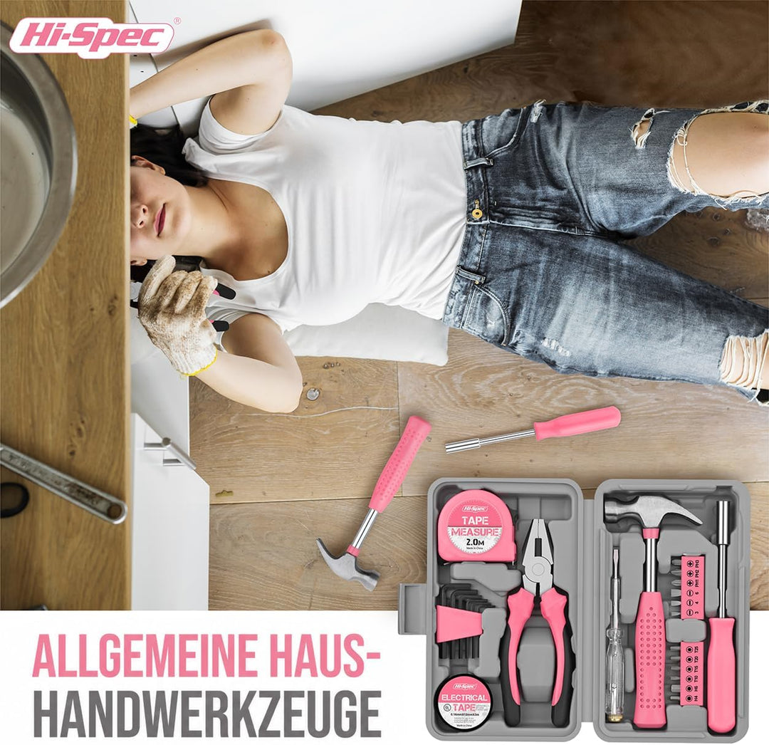 Hi-Spec 24tlg. Rosa Haushalts Mini Werkzeug-Set für Frauen passend für WG-Zimmer oder Unterwegs 24 T